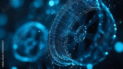 Abstract Digital Wheel Structure with Connected Dots and Lines in Blue Tones