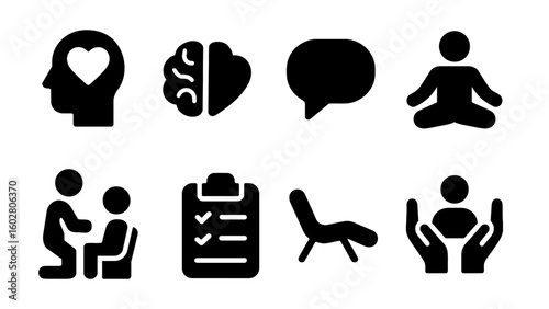 Mental health and therapy icon set in black