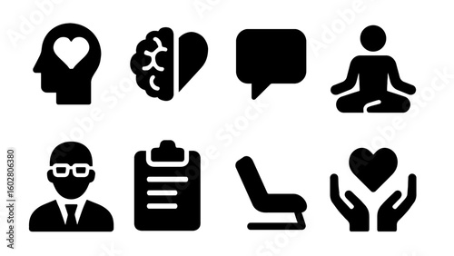 Mental health and therapy black icon set