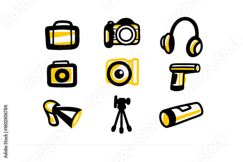 Collection of hand drawn icons representing photography and audio equipment for creative projects and media production
