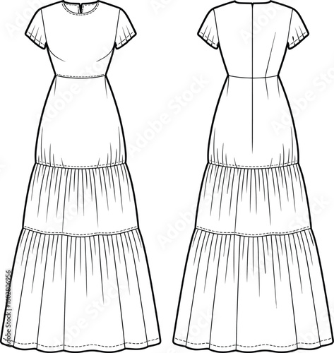 Elegant tiered maxi dress, front and back view, fashion CAD drawing, sewing pattern, garment design, technical sketch, vector illustration, cad drawing flat vector illustration
