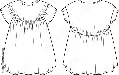 Loose-fit dress front and back view, gathered yoke, sewing pattern, fashion sketch, garment design, cad drawing flat vector illustration