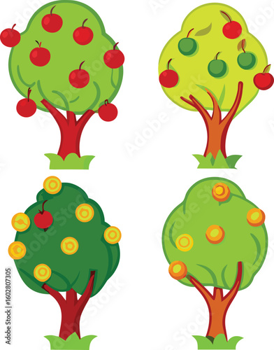 Four stylized trees with red apples and yellow fruit oranges