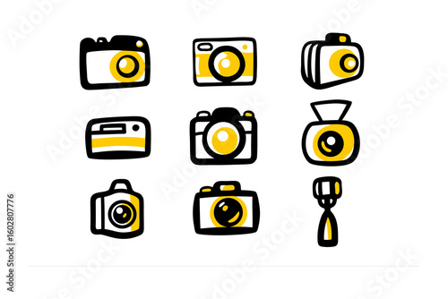 Collection of hand drawn camera icons featuring various styles and perspectives for photography enthusiasts and designers