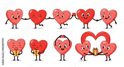 Cute Heart Characters Vector Set – Playful Cartoon Hearts in Various Poses (Isolated on White
