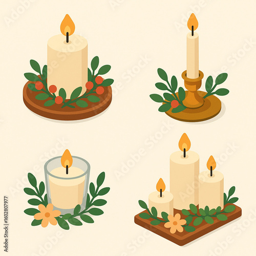 Candle Arrangement Icons – Isometric Flat Set of Pillar, Taper & Votive Centerpieces