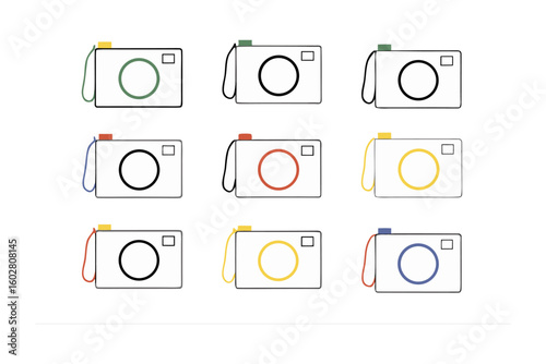 A collection of nine stylized hand drawn digital cameras featuring simple outlines and colored lenses on a white background