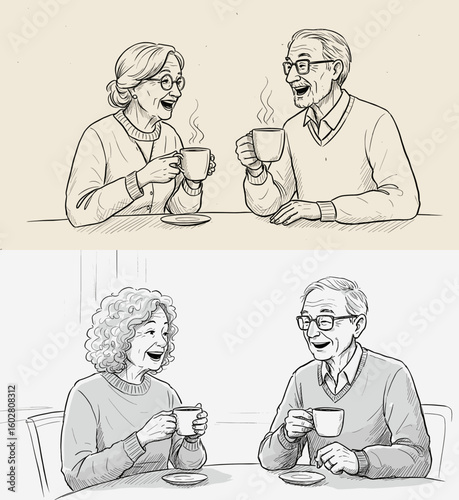 Elderly couple enjoying tea and laughing together at a table  