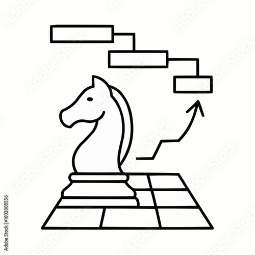 Chess knight on a board with its movement path as a Gantt chart. Minimalist, only key elements