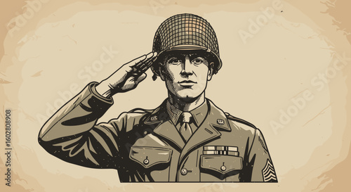 Soldier saluting with military uniform and helmet in vintage style  
