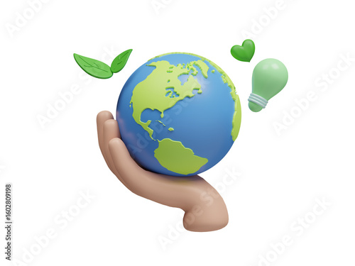 Fototapeta Nature and environment icon isolated on transparent background, energy sources for renewable, sustainable development. Ecology concept. Protection, planet care, natural recycling power. 3d rendering