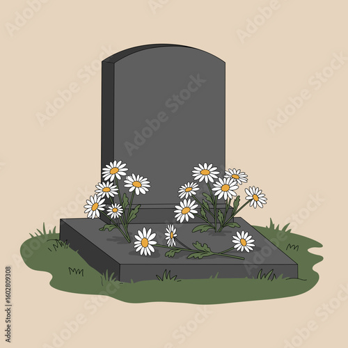 Black gravestone with daisies growing around it on grassy soil, All Saints' Day 