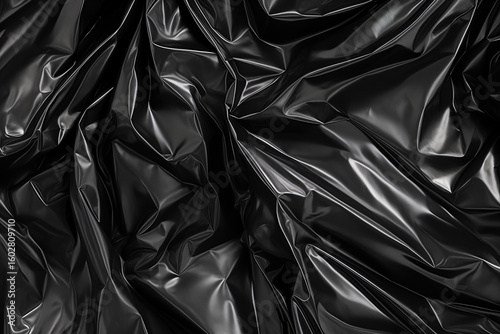 Abstract image featuring flowing folds of shiny black material, creating dynamic light and shadow. The image conveys a sense of luxury, mystery, and elegance 