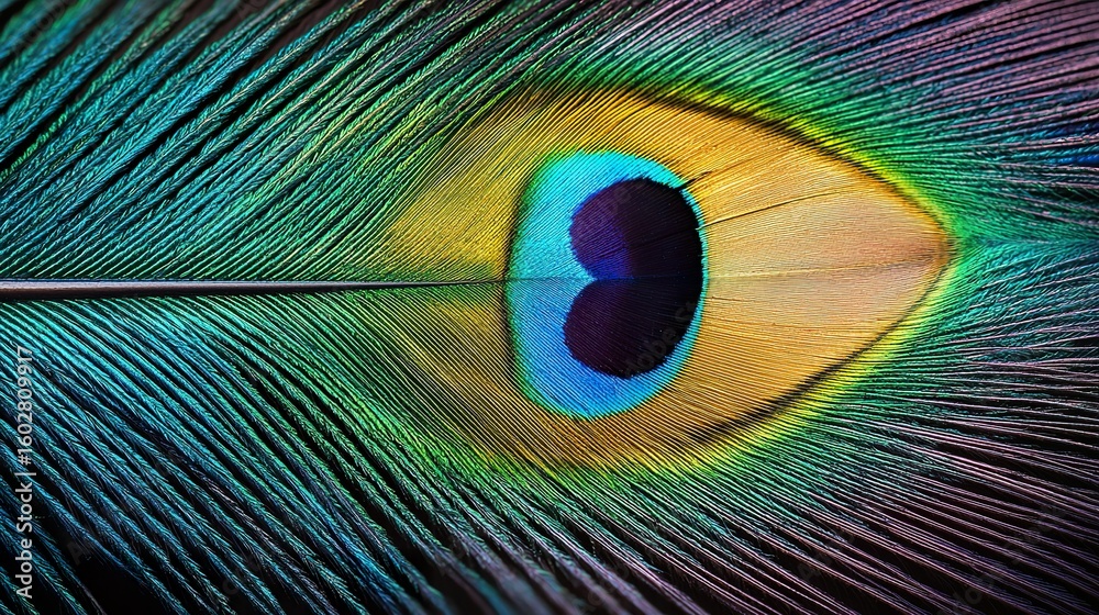 Fototapeta premium Macro photography of a single peacock feather, iridescent eye pattern