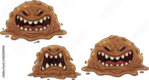 Cartoon mud monster with sharp teeth, angry slime creature illustration, scary goo monster vector, fantasy character design, creepy brown blob