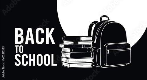 Creative Illustration of a Stack of Books and a Backpack with "Back to School" Text, Perfect for Educational Campaigns and Welcoming Students