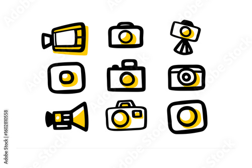 Collection of hand drawn camera and video icons featuring various styles and perspectives for visual projects