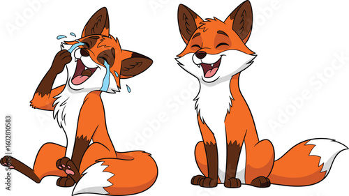 Cute cartoon fox laughing with tears, funny animal character, happy expression, adorable sitting fox, emotional reaction, vector illustration design