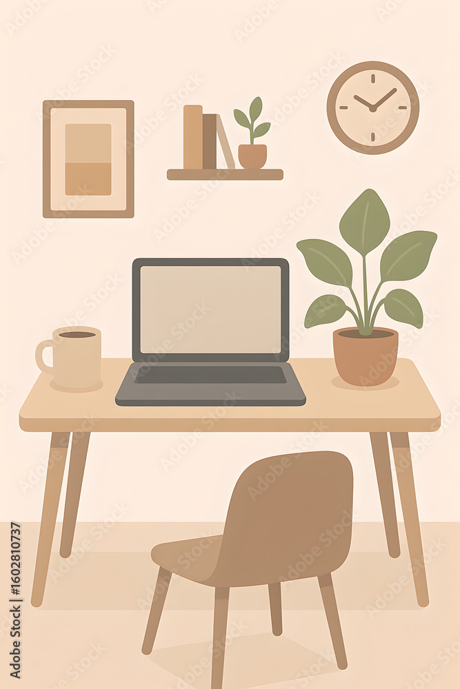 Fototapeta premium Ai Generated:Minimalist Home Office with Wooden Desk, Laptop, and Decor Elements