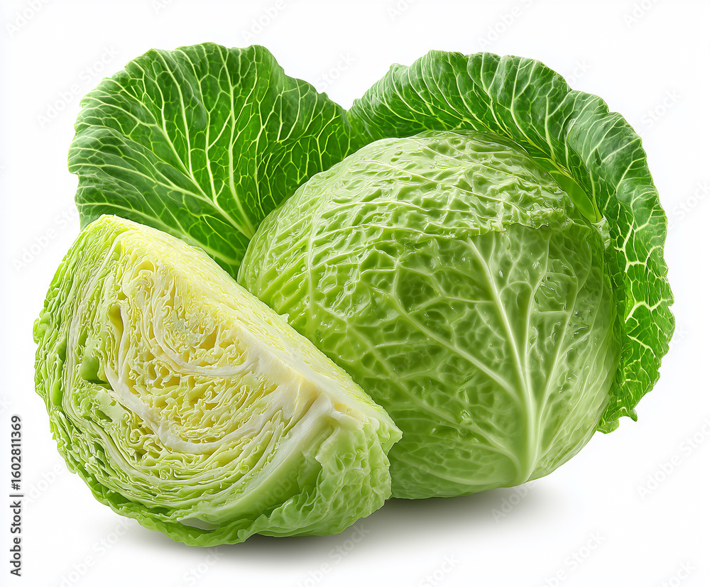 Fototapeta premium Close-Up of Fresh Whole Green Cabbage and Sliced Half on White Background