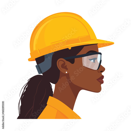 Profile of a Black female industrial worker wearing a yellow hard hat and safety glasses.