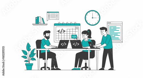 Team of programmers collaborating at a table, focused on coding projects.