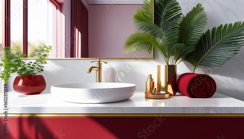 white modern design hand paper towel maroon red vanity bathroom counter gold faucet and mirror in sunlight tropical tree for modern luxury beauty cosmetic skincare toiletries product background