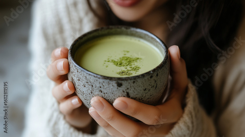 Close-Up of a Woman Enjoying a Warm Cup of Green Matcha Tea