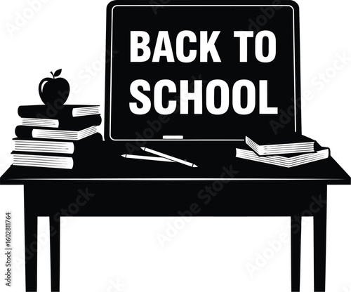 Graphic Composition of a School Desk with Books, Apple, and Pencils Featuring a Blackboard with the Text "Back to School" in a Minimalist Style