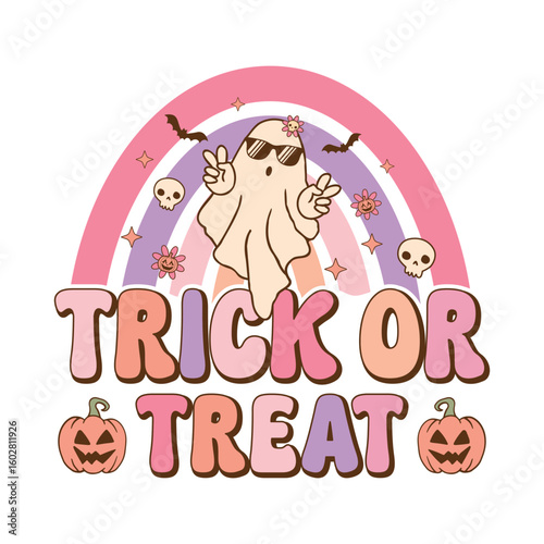 Trick or treat - Retro Groovy Halloween t shirt design, vector graphic