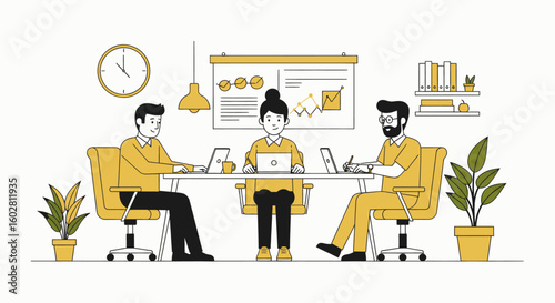 Three colleagues are working together at a table in a bright office, collaborating on laptops with a presentation chart in the background.