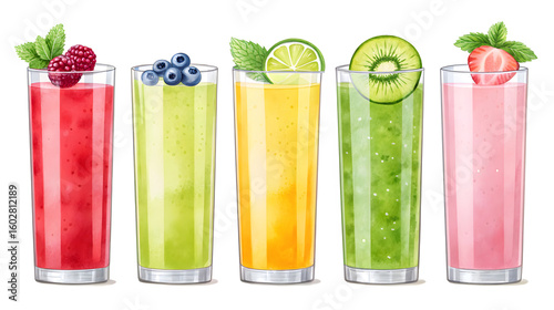 Five watercolor fruit smoothies in tall glasses drink