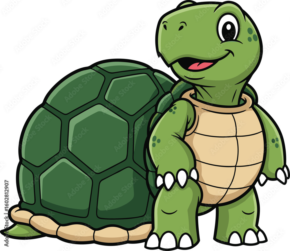 Fototapeta premium Happy cartoon turtle character, cute green tortoise illustration, smiling animal drawing, friendly reptile mascot, wildlife vector art, adorable shelled creature