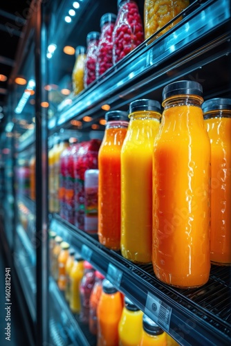 A medium shot reveals a refrigerated display filled with vibrant juice bottles in various colors. The setting conveys a lively market atmosphere, ideal for refreshing beverages