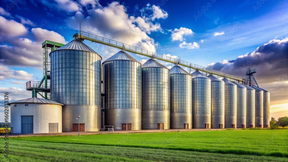 Fototapeta premium Modern Agricultural Silos at Sunset Reflecting Golden Light on a Lush Green Field