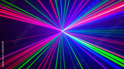 Ai generated image of a mesmerizing display of vibrant laser beams converging at a central point creating a futuristic and energetic visual effect