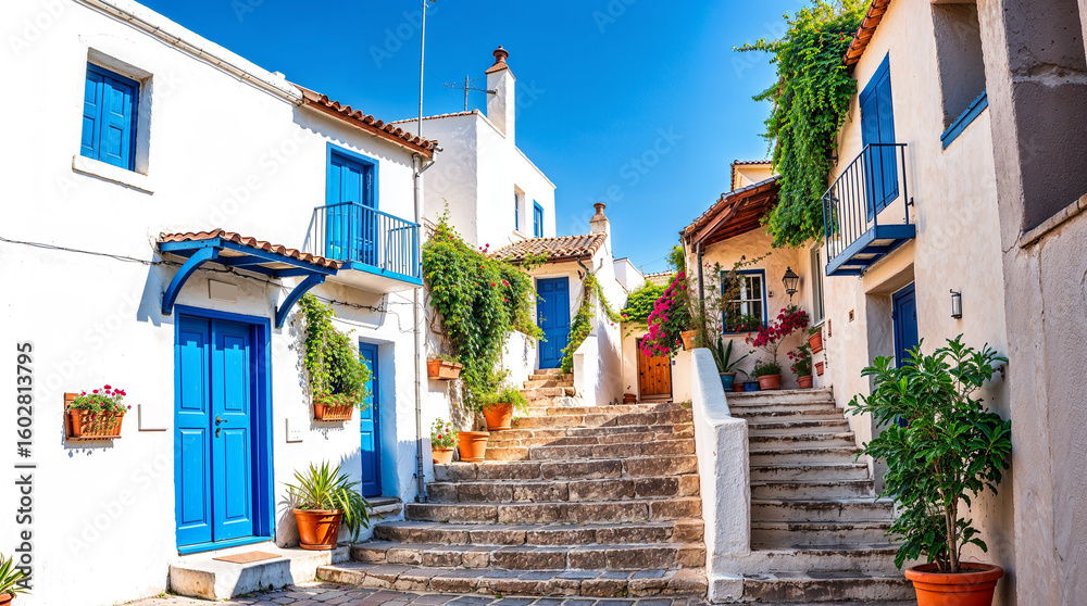Fototapeta premium Traditional Mediterranean Street with White Houses and Blue Doors