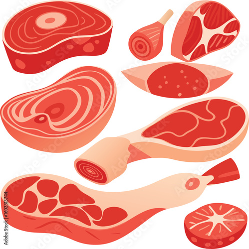 Raw meat cuts and tomato slice vector illustration beef pork