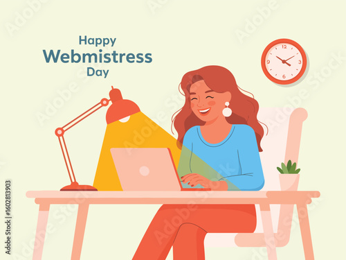 Happy Webmistress Day Celebration Featuring a Woman Working on a Laptop