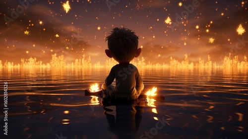 Animated child sitting by a lake at night, gazing at stars, with a magical glowing light in hands