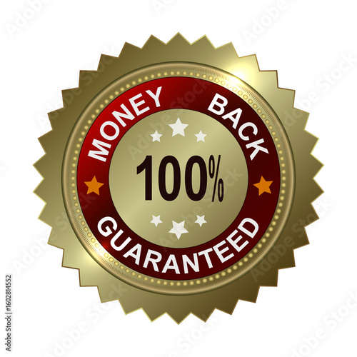 Round and rectangular emblems in gold color with the text of the product guarantee.