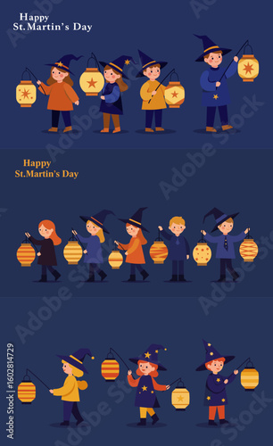 Children celebrating St. Martin's Day with lanterns at night  