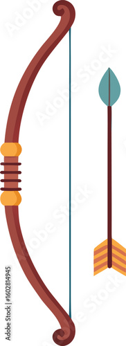 Brown bow with teal string and arrow with orange fletching weapon hunting