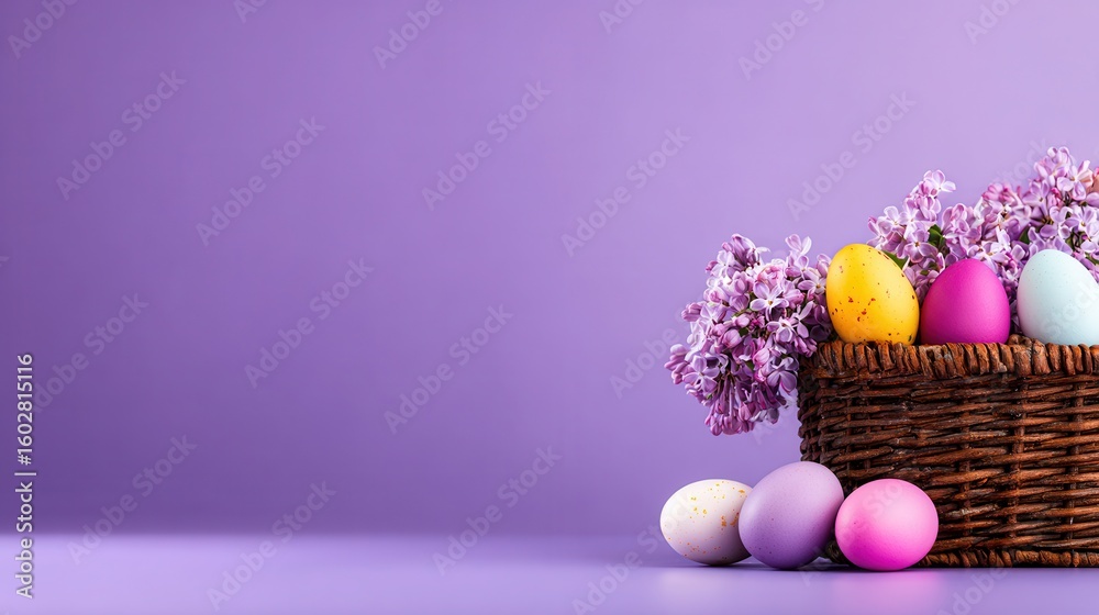 Obraz premium Easter basket with colorful eggs lilac on purple background