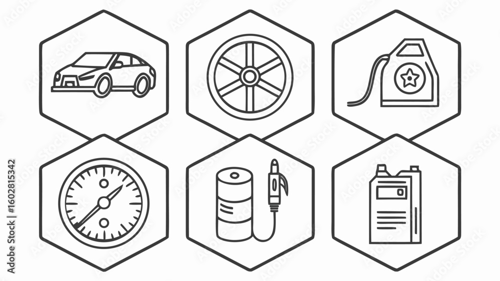 Fototapeta premium Automotive Icon Set in Asphalt Black for Vehicles, Transport, and Car Service Platforms