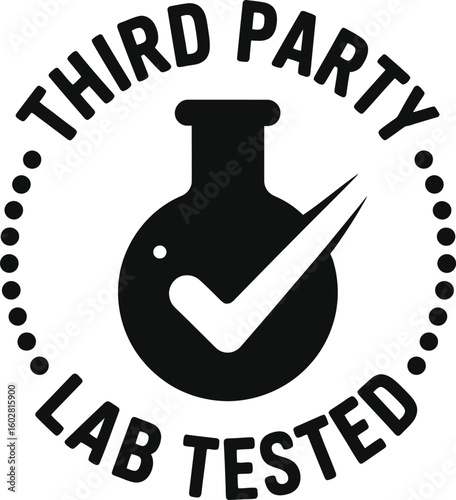 Black and white circular stamp with a flask and checkmark indicating third party lab tested