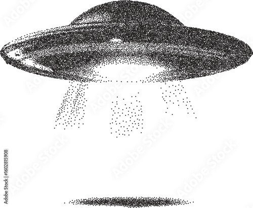 Alien vintage y2k stipple art, ufo halftone stipple brutalist retro vector png with transparent background, cosmic 2000s aesthetic photocopy effect tattoo