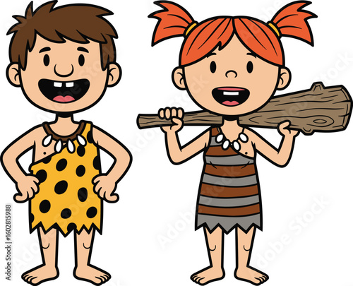 Cartoon illustration of cute prehistoric boy and girl caveman in stone age clothes with wooden club, smiling, standing, fun design