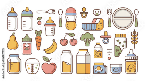 A flat design illustration of baby food and feeding items arranged in a grid pattern on a white background. The illustration features thin brown outline strokes and pastel colors 