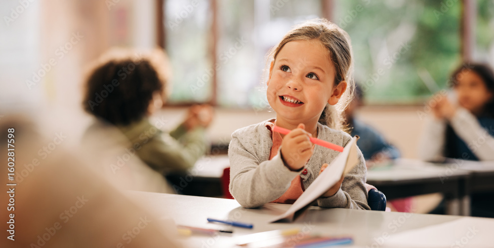 custom made wallpaper toronto digitalYoung girl drawing in classroom during back to school season